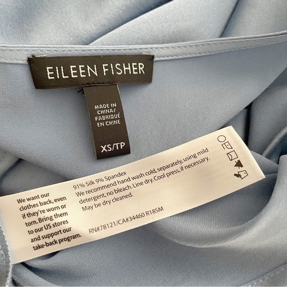 Eileen Fisher blue silk short sleeve v-neck blouse top side slits XS - Picture 8 of 9